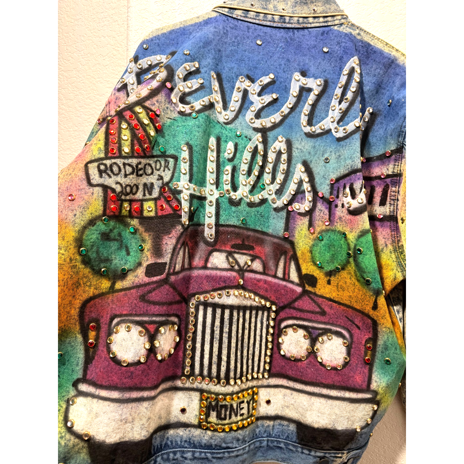 Vintage Beverly Hills Trucker Jacket Stonewash Denim Womens S Bling Airbrushed